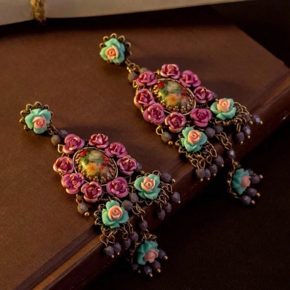 Vintage Style Floral Baroque Earrings Micro Mosaic Style Flower Painting NEW